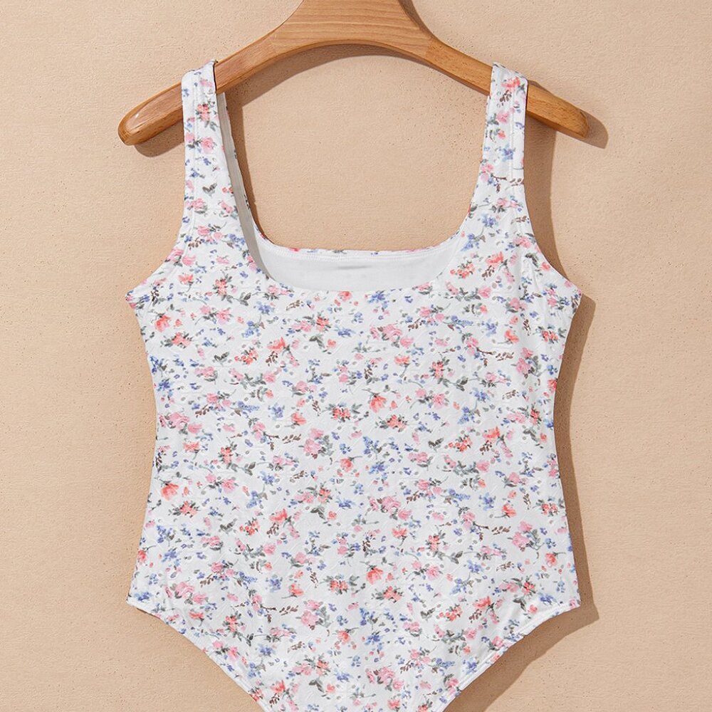 B255 White Floral Textured Square Neck Sleeveless Bodysuit - Picture 10 of 14